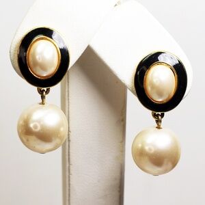 Earrings Pearl Drops and Oval Cabochon with Black Enamel Pierced Setting